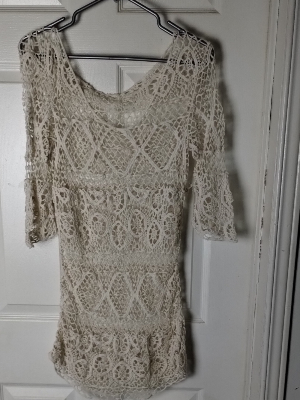 Boho Cream Crochet Lace Mini Dress / Swimwear Cover-Up - 3/4 Sleeves